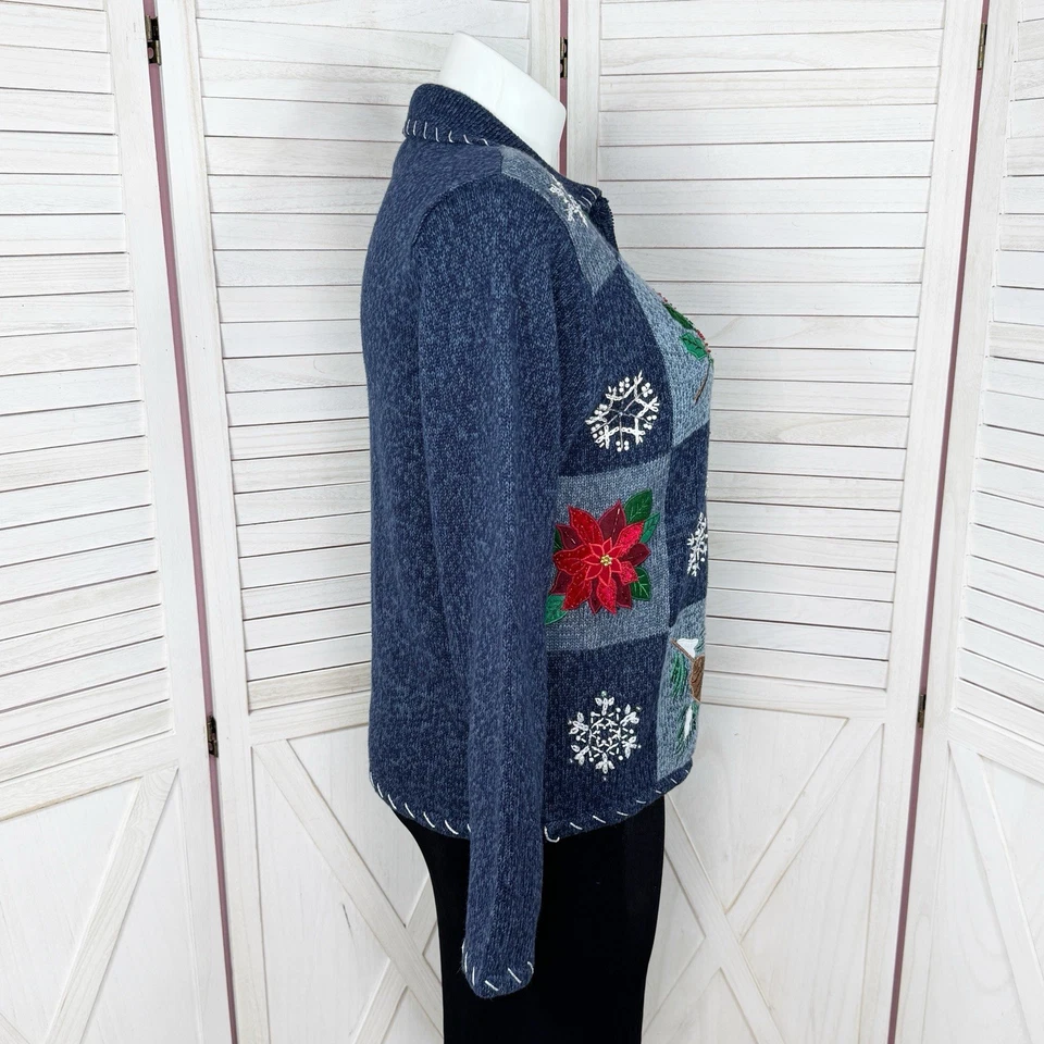 DressBarn винтажный свитер носил большой синий кардиган вышитый бисером Рождественская молния - Изображение 3 из 4