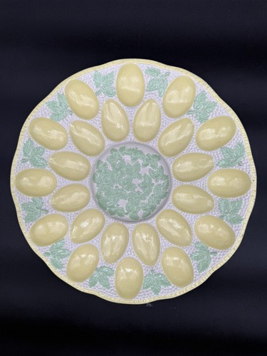 Large VTG Hand Painted Majolica Deviled Egg Platter Yellow Green Fern Leaves - Picture 2 of 11