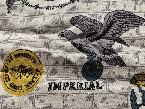 Vintage Advertising Logos Cotton Fabric Print Mustard, Pewter, Navy Gray 2Yards - Picture 6 of 9