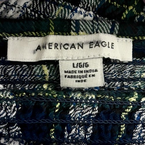 American Eagle gesmoktes Damenoberteil blau grün kariert Puffärmel Größe Large - Bild 7 von 8
