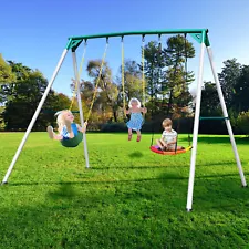 Hapfan 700lbs Big 9.5 Ft Metal Swing Set w/3 Swings Heavy Duty Weather Resistant