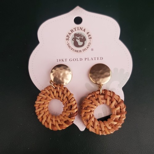 Spartina 449 Joanne Wicker Dangle Drop Earrings with Gold Plated Button NWT - Picture 8 of 8