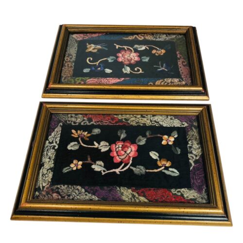 Vtg Embroidered Chinese Floral & Butterfly Art on Silk Fabric Border Framed - 2 - Picture 2 of 15