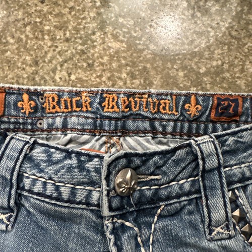Jean para mujer Rock Revival talla 27 Liberty Easy Boot bordado lavado claro desgastado - Imagen 8 de 9