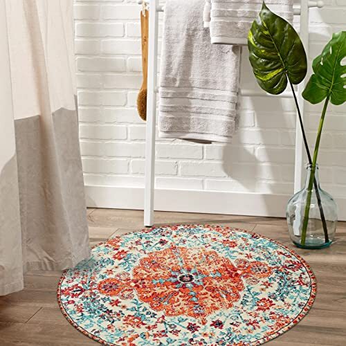 Bohemian Floral Medallion Round Rug - 3Ft Oriental 3' Round Orange/Multi - Picture 6 of 7