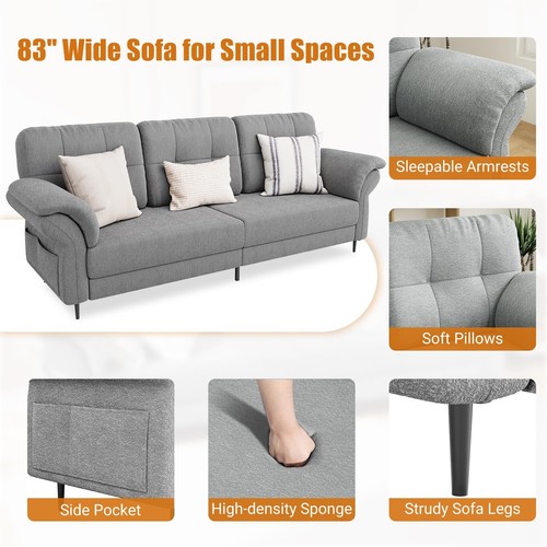 3 Seater Sofa Couch with Deep Seats and Removable Pillows 83.5" Upholstered Sofa - Picture 5 of 7