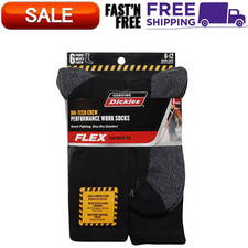 6 Pack Genuine Dickies Mens Dritech Crew Socks Moisture Control Black Size 6-12