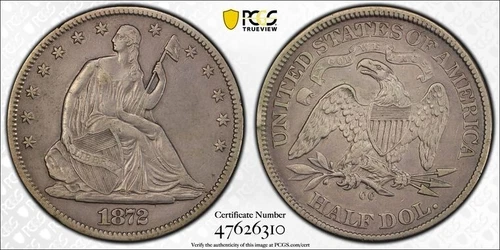 RARE 1872-cc Seated LIBERTY Half Dollar. PCGS XF details (cleaned).