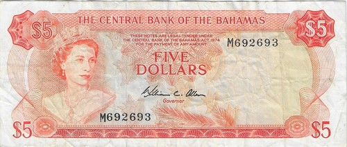 BAHAMAS P.37b 5 DOLLARS PFX M QEII SIGNATURE WC ALLEN  F-VF - Picture 1 of 2