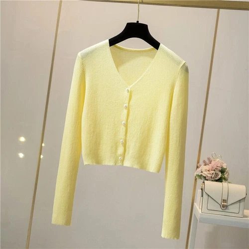 Damen Eis Seide Strick Sommer Shirt V-Ausschnitt Knopf Kurz Pullover Slim Fit Cardigan - Bild 6 von 25
