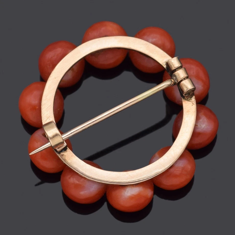 Broche vintage ouro amarelo 14K vermelho coral círculo aberto - Imagem 4 de 4