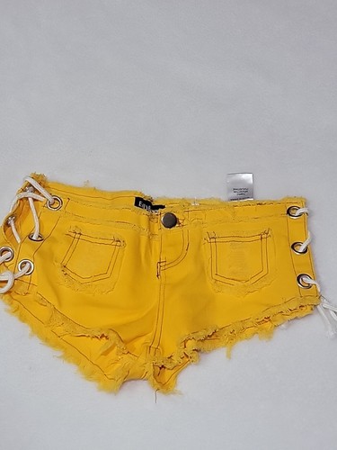 Eilly Bazar Lace Up Side Denim Shorts XS Yellow Raw Edges NEW #1 - Picture 2 of 9