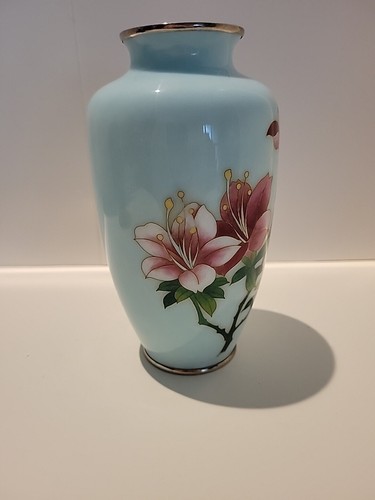 Sato Japan Cloisonné Light Blue Enameled Floral Vase with Silver Trim Vintage - Picture 6 of 10