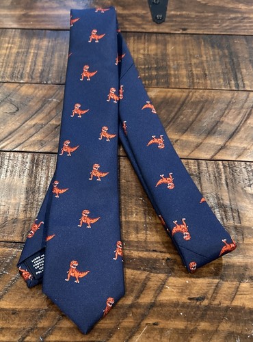 Lands End Kids Dinosaur Tie navy With Red Dinosaurs - Picture 2 of 4