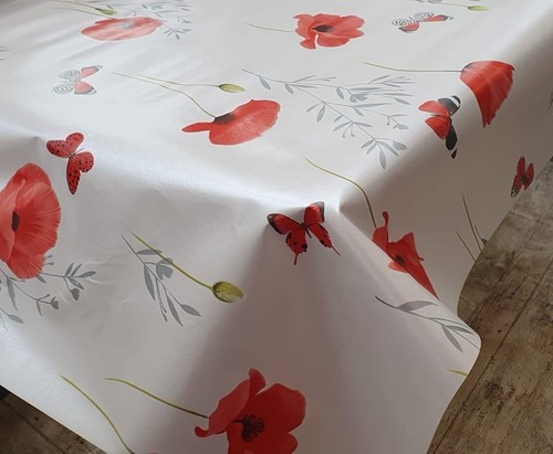 Off White Red Poppy Flowers Silver Grey Butterfly PVC Plastic Vinyl Table cloth - Picture 5 of 11