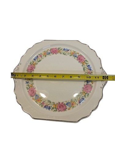Vintage Cake Plate Petit Point Rose Pattern Needlepoint Style Harker Pottery 12" - Picture 5 of 5