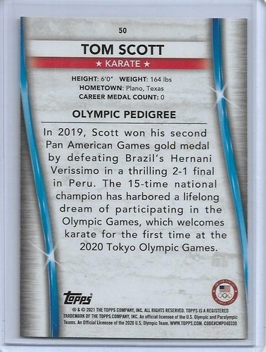 2020 TOPPS OLYMPICS TOM SCOTT CARD #50 ~ USA KARATE 2021 ~ QUANTITÀ - Foto 2 di 2