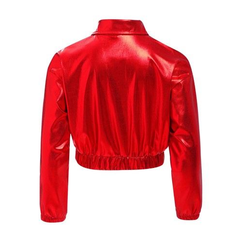 Girls Jazz Jackets Shiny Metallic Coat Long Sleeve Flip Collar with Flap Pockets - Picture 67 of 130