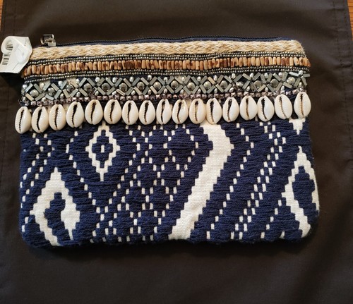 Southwestern Make Up/Accessory Bag Clutch Boho Lined Made In India Shells Beads