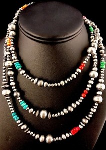 Native-American-Navajo-Pearls-Sterling-Silver-Bead-Necklace-36-034-Long-S423