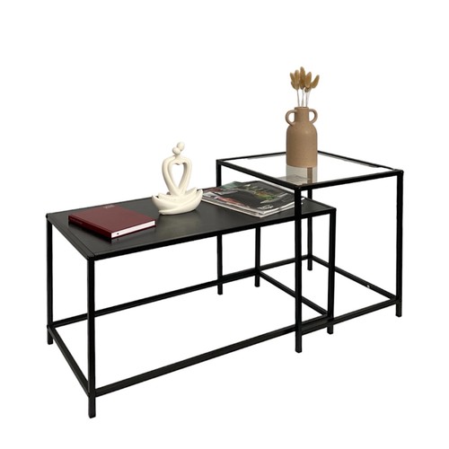 Set Of 2 Coffee Table Black Large Nesting Tables Side Table with Clear Glass Top - Picture 13 of 13