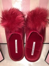 Victorias Secret Slippers Velvet Fur Pom Pom Medium Red