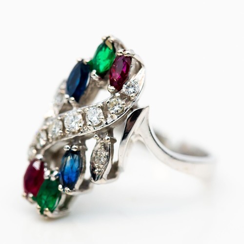 Ring 585/14K Weißgold Saphir Rubin Smaragd Diamanten 0.2 ct TW/VS-SI Gr. 52 - Bild 2 von 3