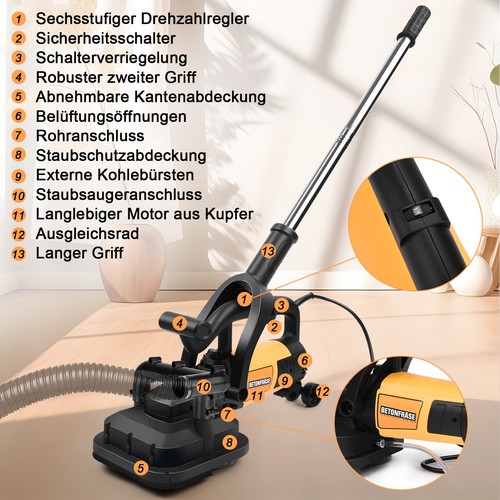 Betonschleifer mit 4 x Schleiftopf Mauerfräse Putzfräse 3800W Sanierungsfräse DE - Bild 7 von 8