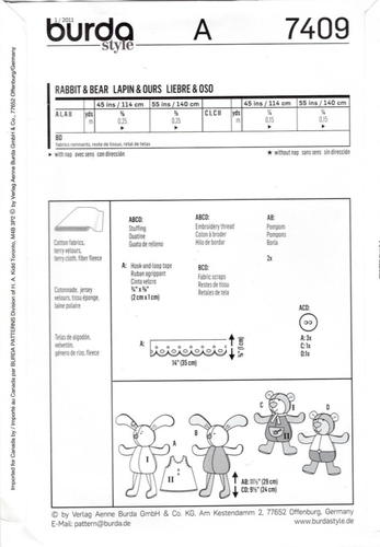 BURDA 7409 EASY SOFT TOYS SEWING PATTERN, RABBIT or BEAR - Picture 2 of 3