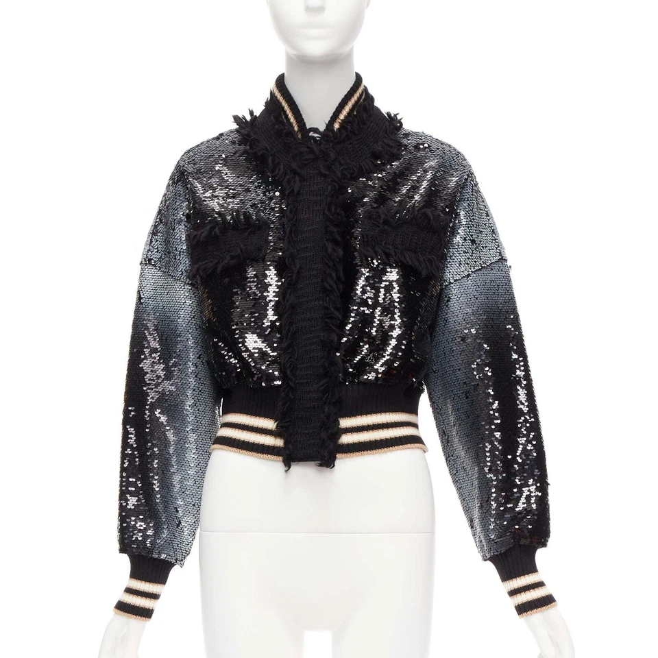 AVIU black white spray paint effect sequins cropped bomber jacket IT38 - Image 3 of 4