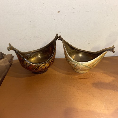 Set Of 2 Brass Lined Papier-Mâché Beggars Bowl Vessel India Handmade 5” Kashkul - Afbeelding 1 van 12