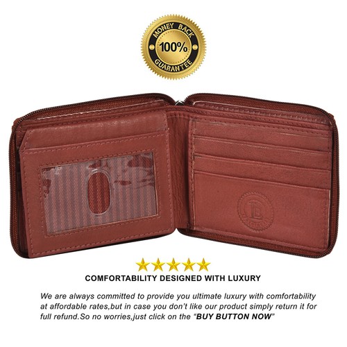 Cartera Monedero Monedero Leatherboss Vintage Cuero Marrón Cremallera Alrededor Doble Pliegue, Marrón - Imagen 3 de 6