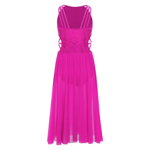 Girl Lyrical Dance Dress Modern Dancewear Sleeveless Sequins Bodice Waist Outfit - Picture 63 of 162