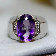 Amethyst Oval Cut Gemstone With 925 Sterling Silver Ring For Men's #127 *