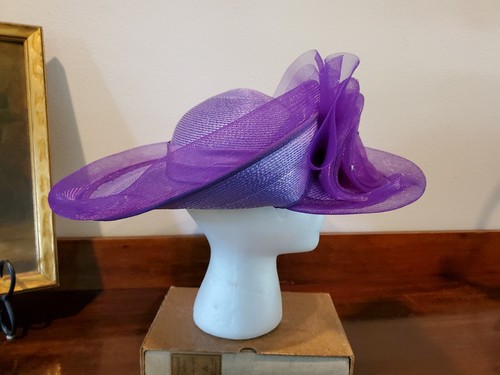 Vintage Designed by Sylvia New York St Louis Purple Straw Hat Large Bow NOS 21" - Picture 4 of 12