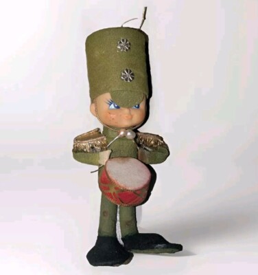 Vintage Pixie Elf Drummer Boy Christmas Tree Ornament Japan Green Felt
