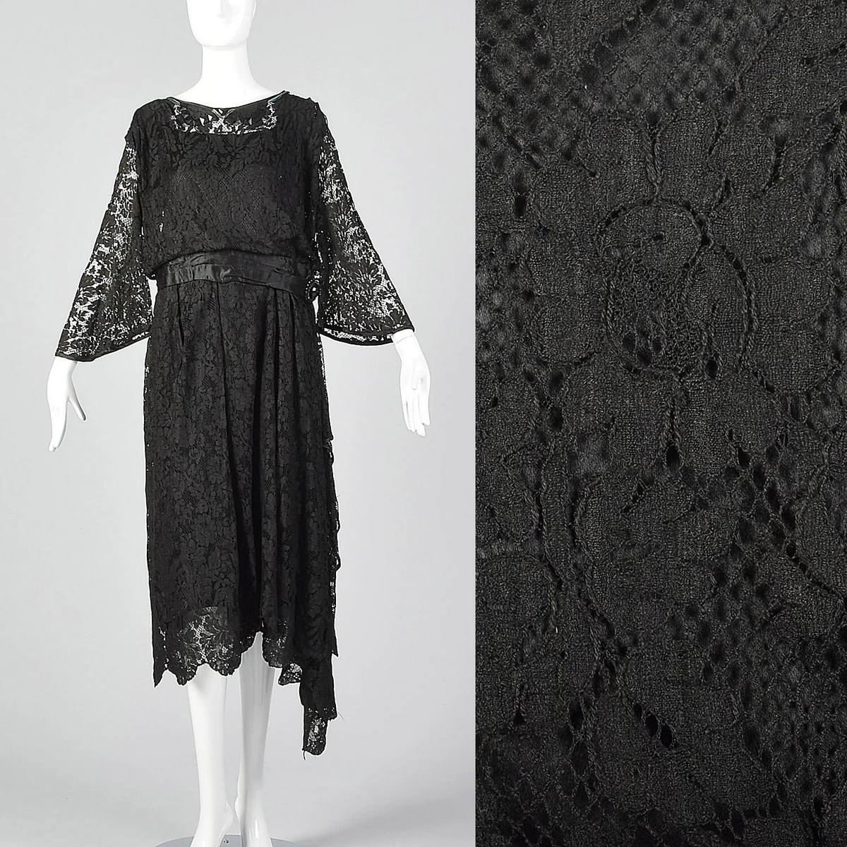 1920s Black Lace Dress Hip Sash and Bell Sleeves 20s Lace Dress