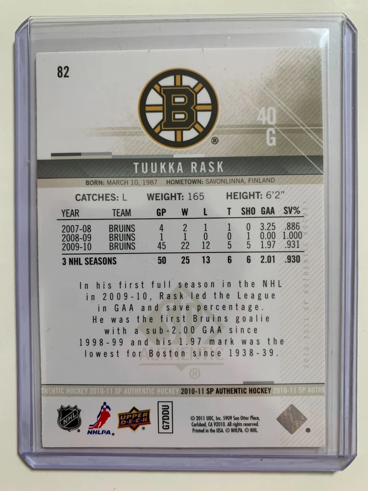 2010-11 SP Authentic Hockey Tuukka Rask Boston Bruins #82 NM - Image 2 of 2