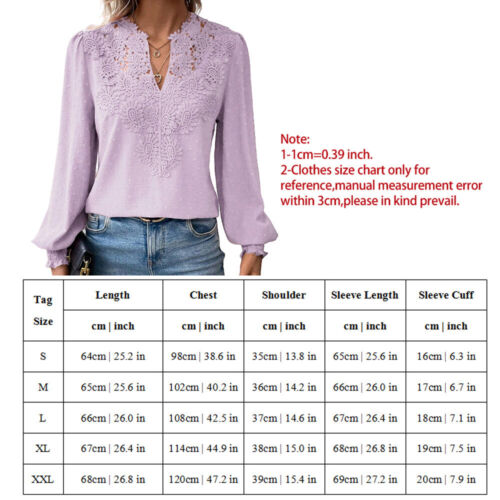 Womens Sexy Lace V Neck Top Tunic Tops Ladies Long Sleeve T Shirt Blouse Tee - Picture 4 of 31
