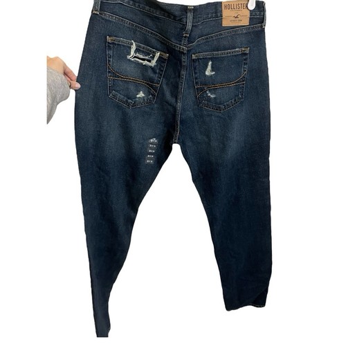 Hollister NWT Men’s Dark Beach Wash Distressed Denim Slim Straight Jeans 38 x 34 - Picture 2 of 3