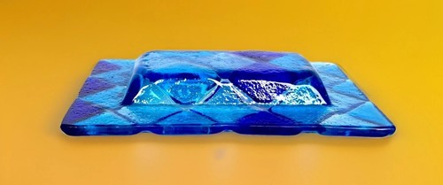 Small Fused Glass Ring/Trinket Dish, Harlequin Pattern in Blues 5-1/8" by 3-1/2" - Picture 8 of 8