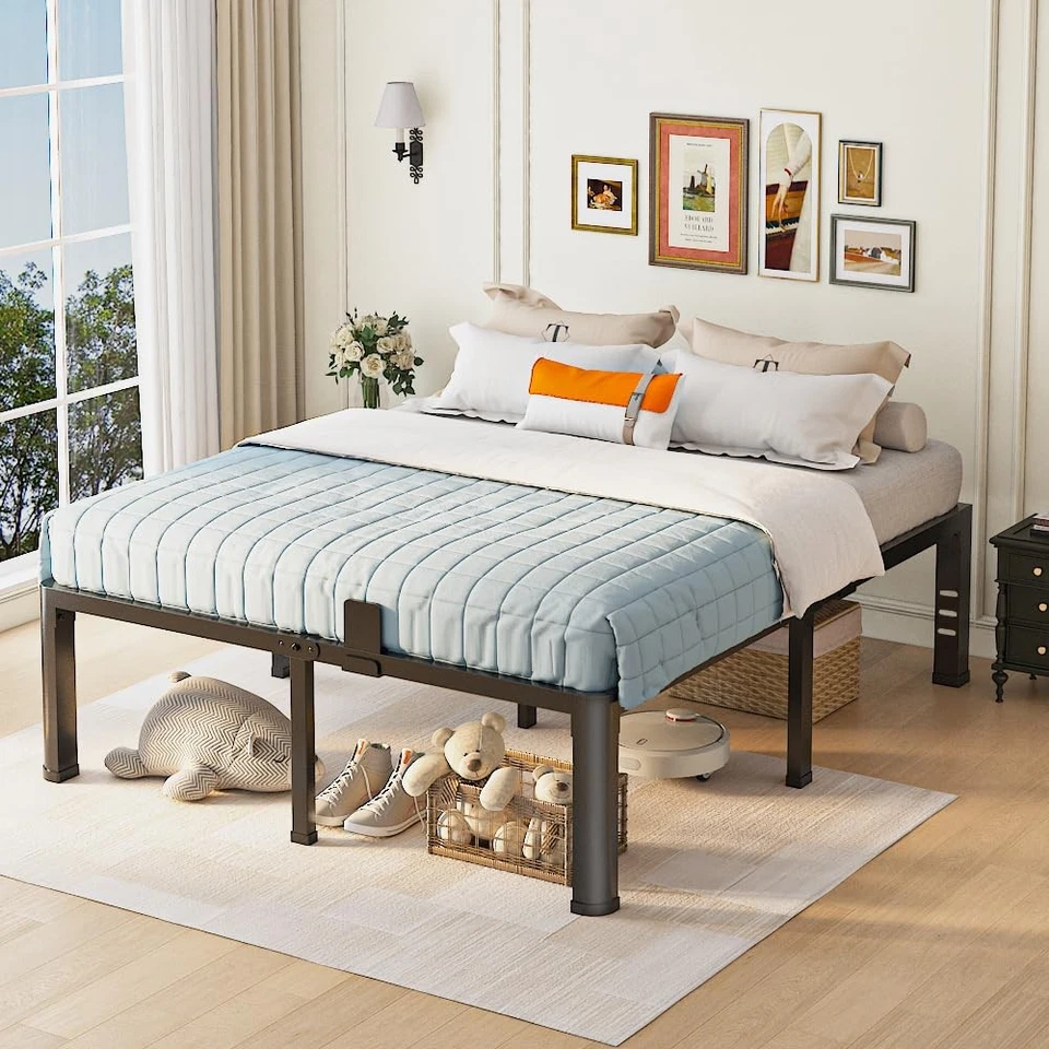 Marco de cama tamaño king de 18 pulgadas con patas redondas en las esquinas y colchones con orificios para cabecero... Foto 2 de 4