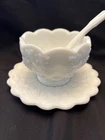 Vintage Westmoreland Milk Glass Paneled Grape Mayonnaise Condiment Bowl & Spoon