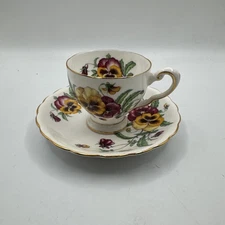 Hand Painted Tuscan Bone China Tea Cup and Saucer: Pansy Floral Design Gold Trim