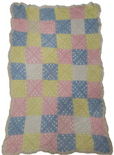 Vtg Handmade Crochet Baby Blanket Granny Square Pastel Pink Blue Yellow Sparkle
