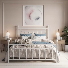 SHA CERLIN 14'' Queen Size Metal Platform Bed Frame/Victorian Headboard and