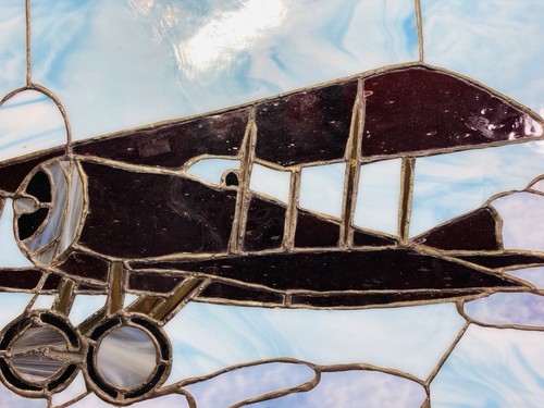 Handmade Stained Glass Vintage Bi-Plane Leaded Panel 18" x 13.5" w/ Hangers - Picture 7 of 7