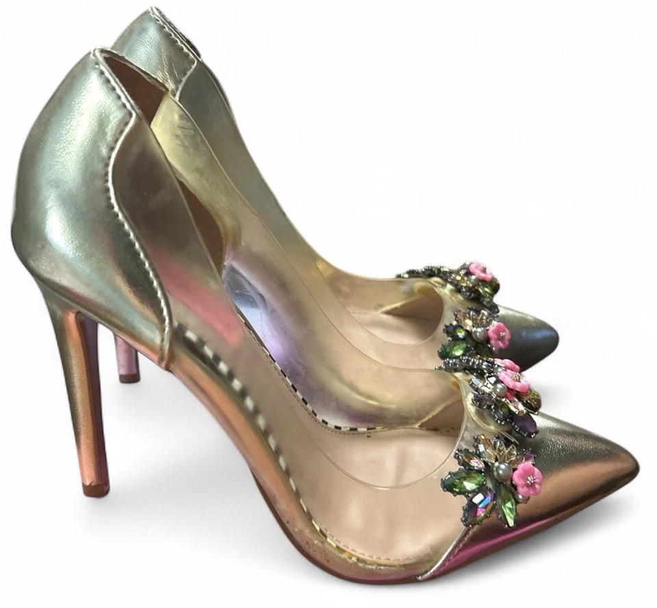 Betsey Johnson Jane Gold Clear Pumps Jewel Flower Embellished Heels 8M - Image 3 of 4