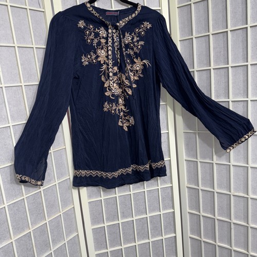 Johnny Was Jade Peasant Tasseled Embroidered Tunic Top in Navy Blue size Small - Picture 16 of 16