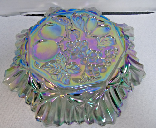 VTG Iridescent Smoky Gray Carnival Glass Scalloped Dish 9" Fruit Bowl